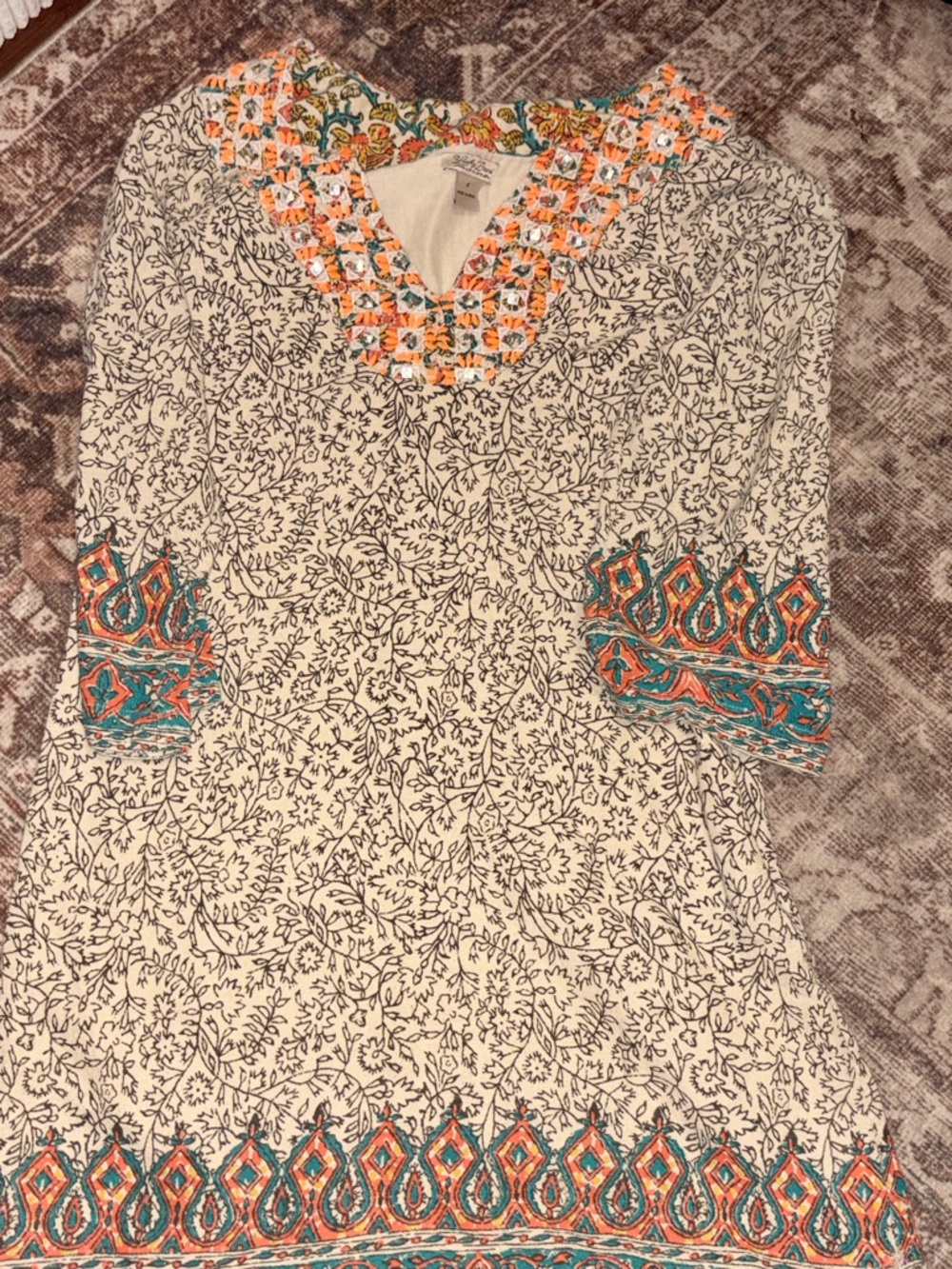 Lucky Brand Cream Tunic with Coral and Teal Embroidery